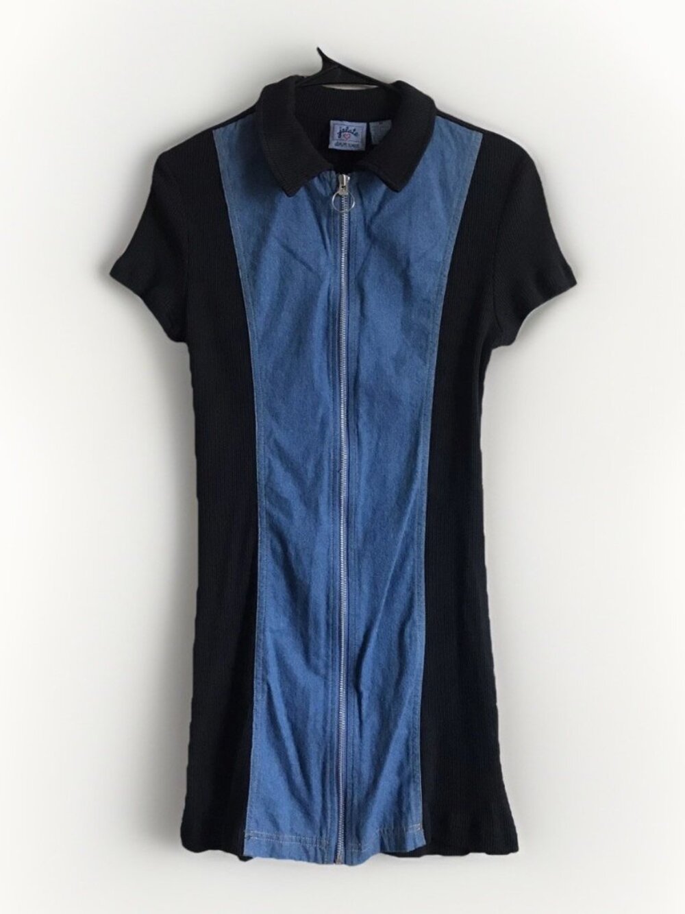 Vintage Jalate Denim Mini Dress Juniors Size 11 Full Zip Jean Black Knit 80s 90s